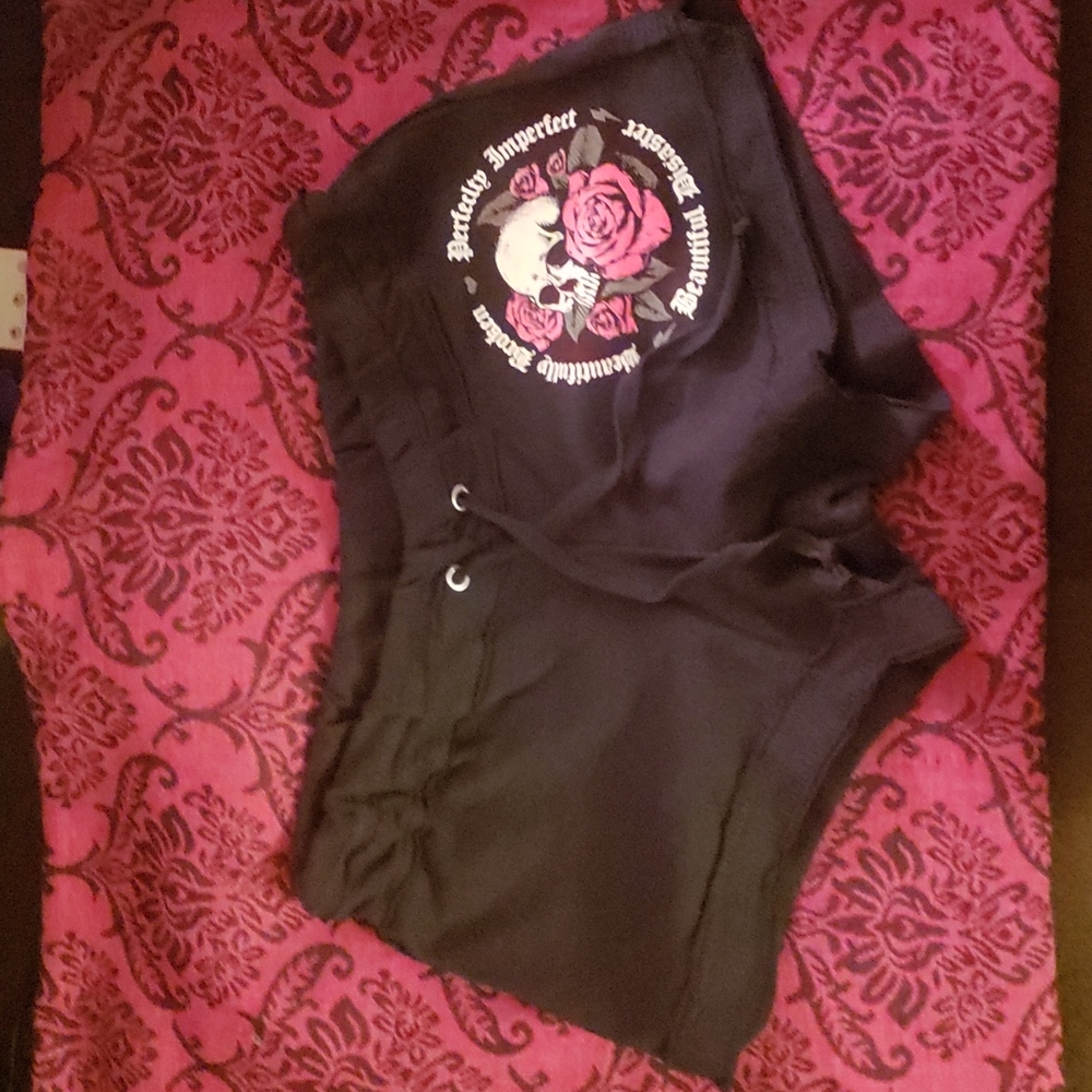 Black Women's Lounge Shorts with Rose & Skull Graphic